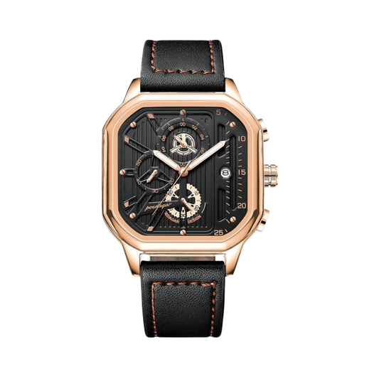 Men's Square Edition Watch with Rose-Gold Stainless Steel Face in a Black Leather Strap