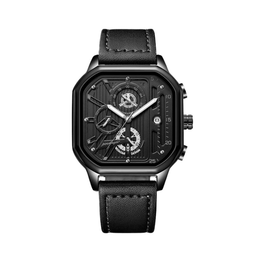 Men's Square Edition Watch with Black Stainless Steel Face and Silver Accent in a Black Leather
