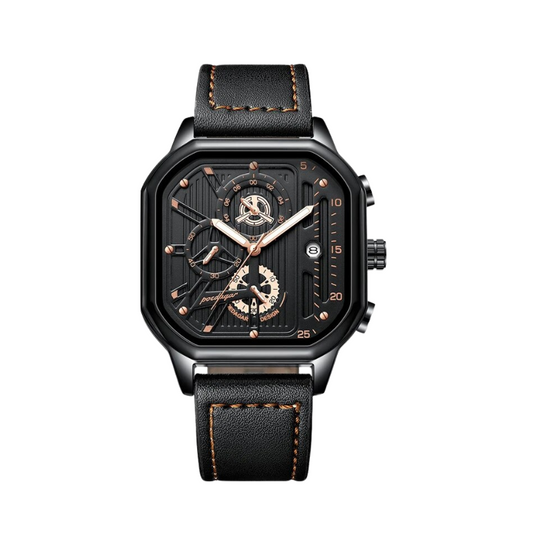 Men's Square Edition Watch with Black Stainless Steel Face with Rose-Gold Accent in a Black Leather Strap
