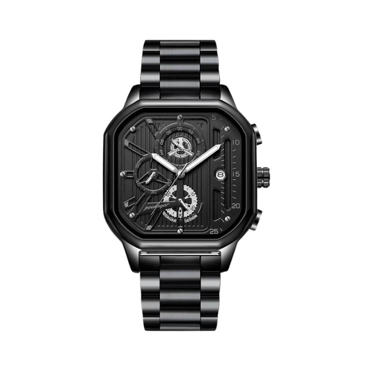Men's Square Edition Watch with Black Stainless Steel Face and Silver Accent in a Black Stainless Steel Strap